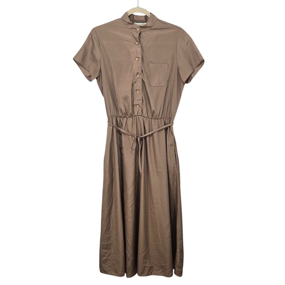 Vintage Coco California Bronze‎ Shimmer Midi Shirt Dress Mandarin Collar Size 6
